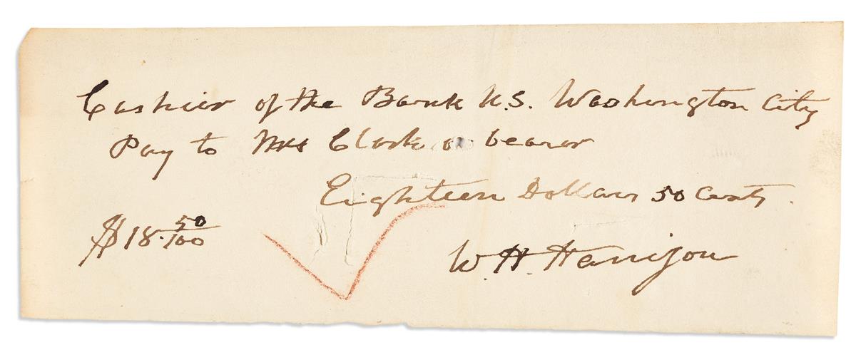 HARRISON, WILLIAM HENRY. Autograph Document Signed, W.H. Harrison, draft on the Bank of the United States at Washington